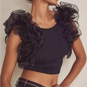 Free People Intimately House Party Crop Top Ruffle Sleeve Size Small Black NEW